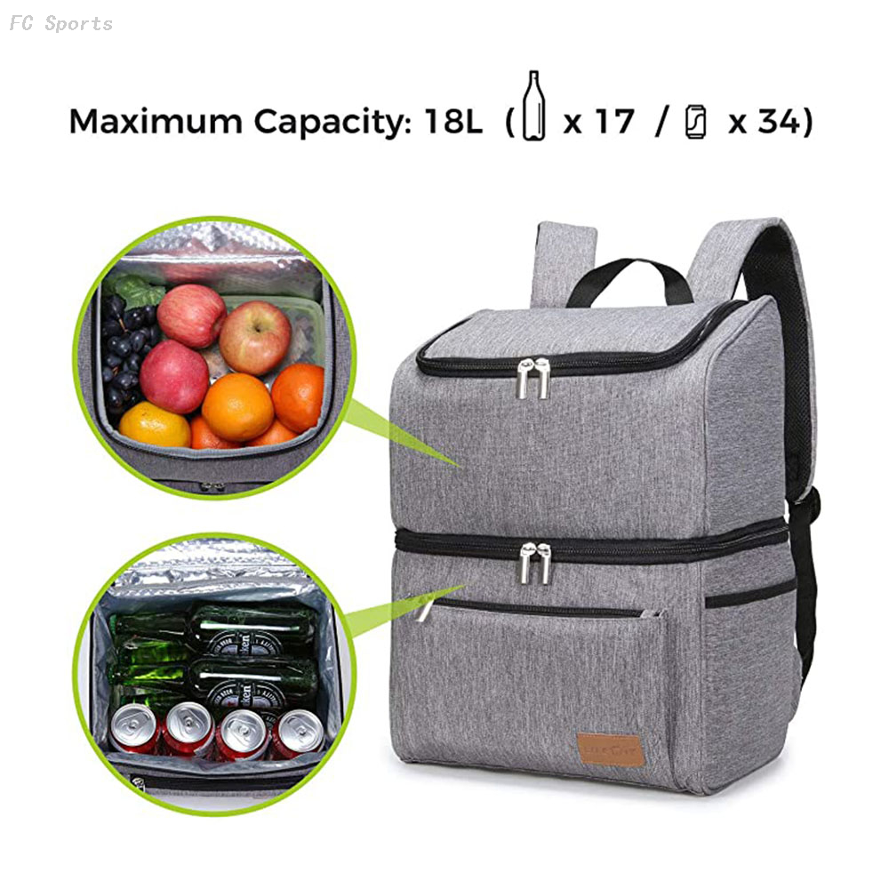 18L 32-Can Double Decker Insulated Cooler Bag Backpack for Beach/Picnic/Camping/BBQ, Grey 