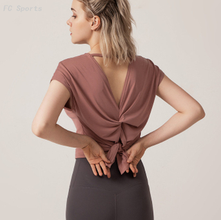 Sexy yoga wear loose&quick-drying workout clothes women's shirt sports running short-sleeved 