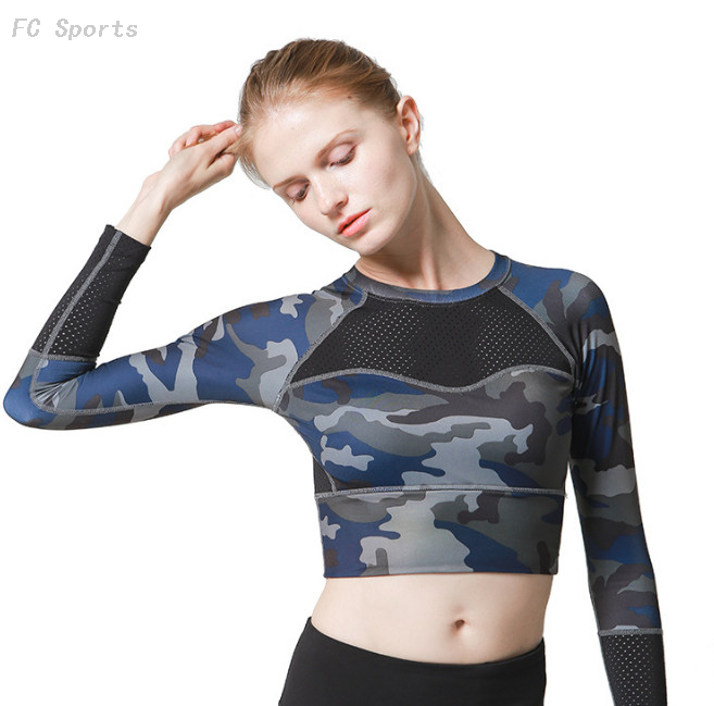 Sports Yoga clothing jacket camouflage long-sleeved umbilical mesh running training suit